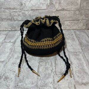 Vintage Crochet Black & Gold Drawstring Purse
